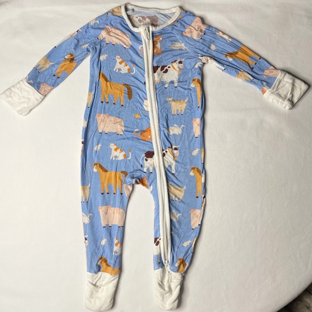Bamboo Zip-up Sleeper 0-3m Pajama Boy Girl Neutral Farm Animals Stitchy Fish